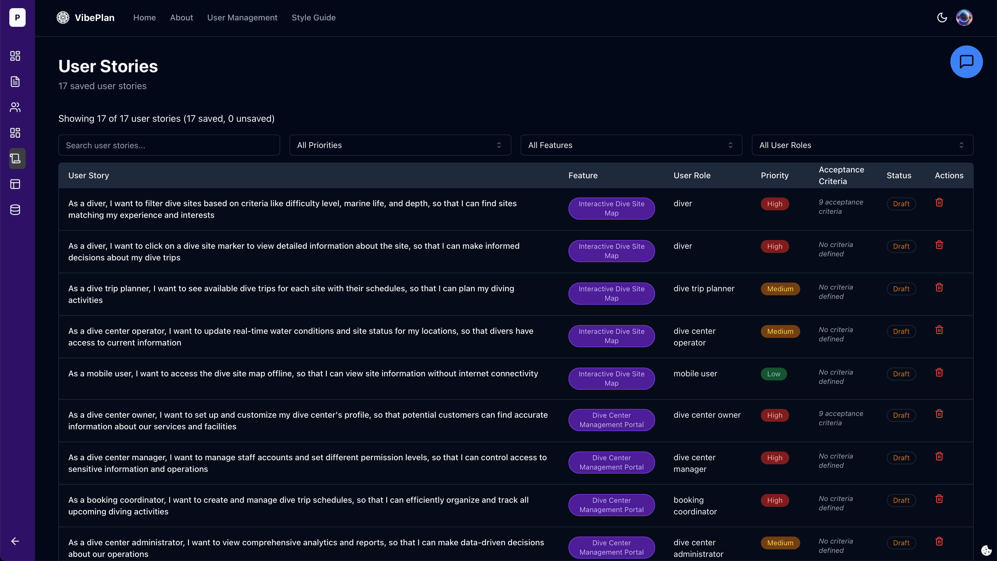 VibeMap product management template preview showing AI-generated features, user stories, and acceptance criteria dashboard