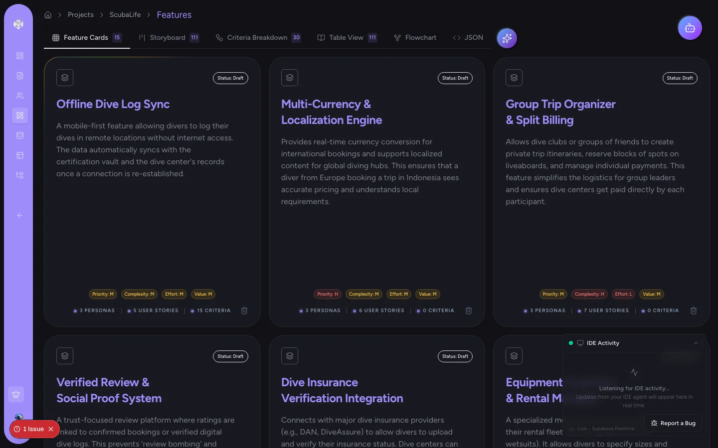 VibeMap features panel with prioritised feature cards