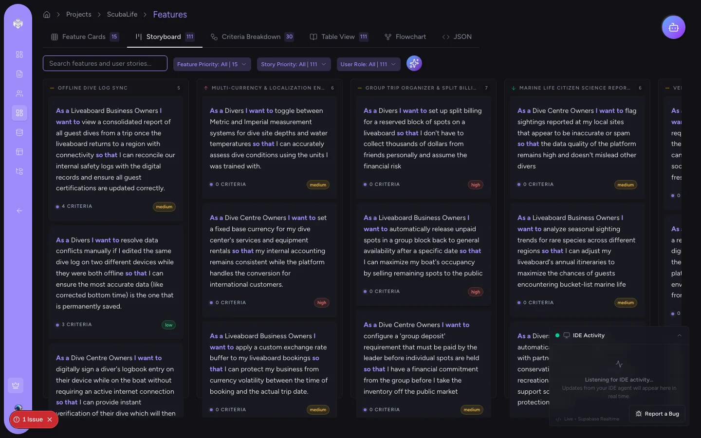 VibeMap user story storyboard view