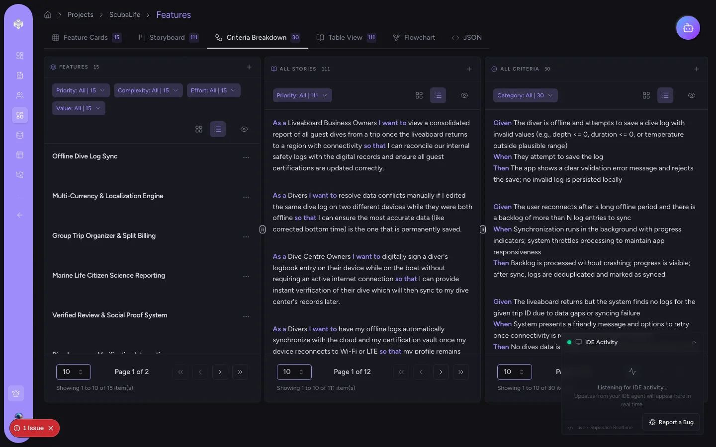 VibeMap acceptance criteria breakdown view