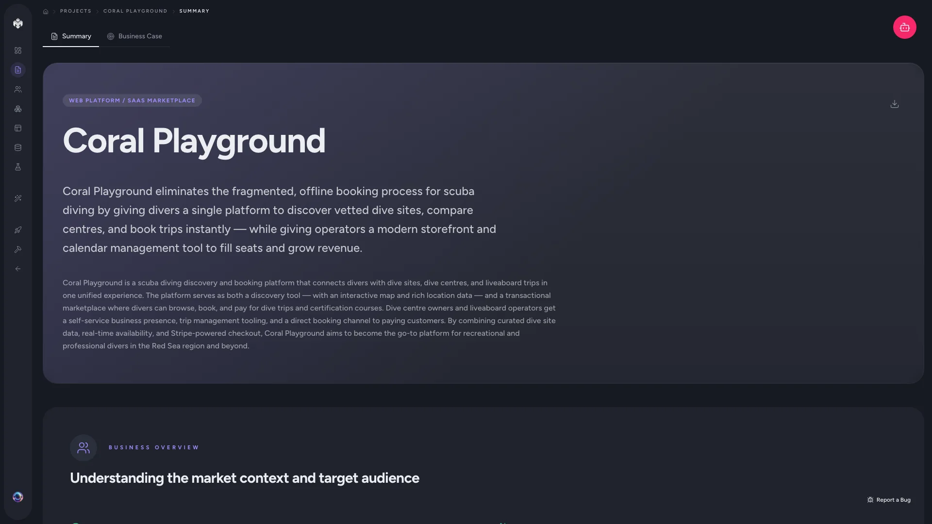 VibeMap project summary view showing a structured product description