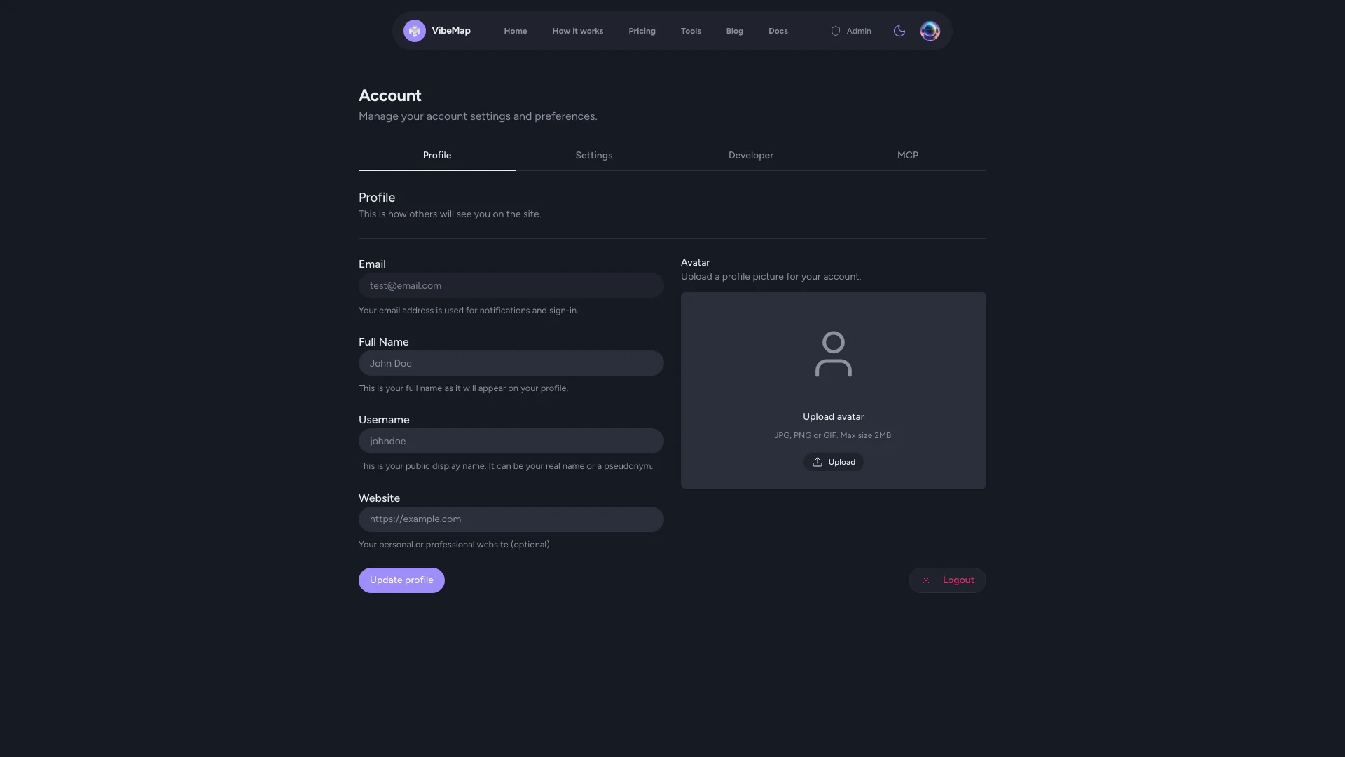 Account page where you create API keys