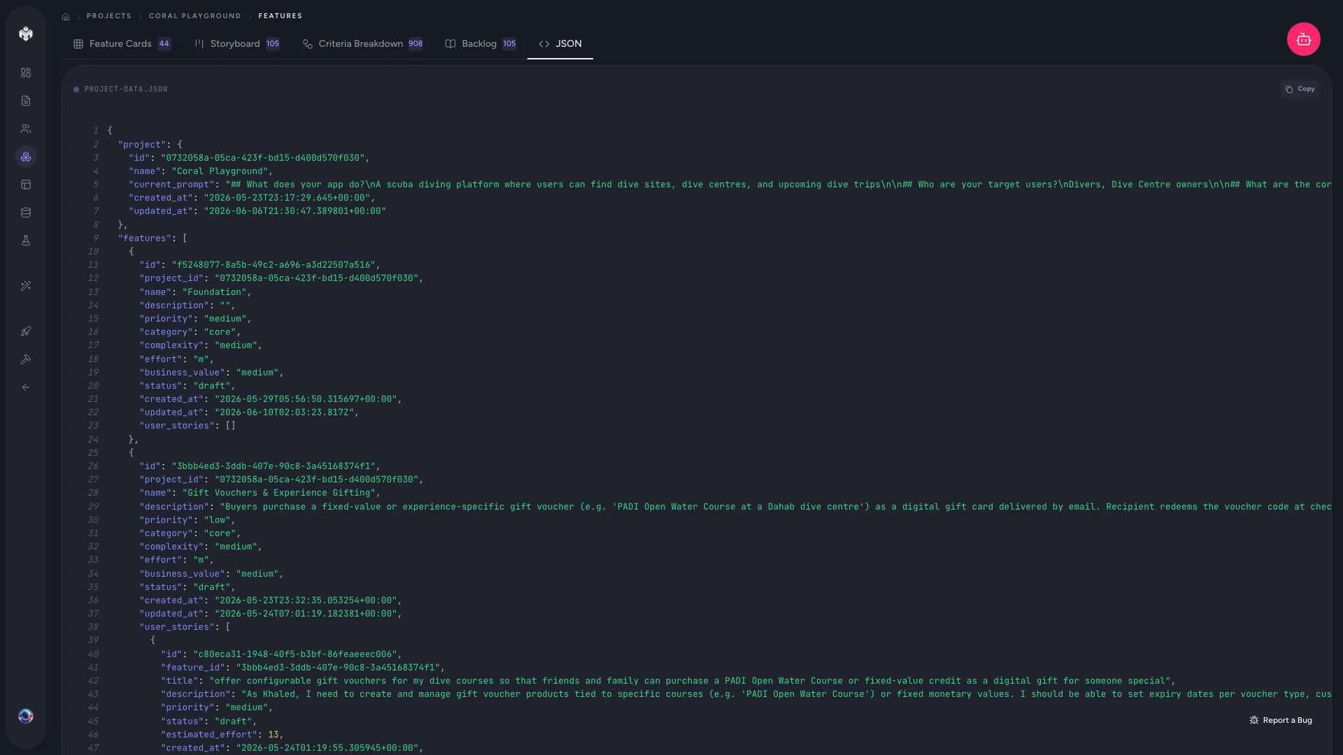 Features JSON view